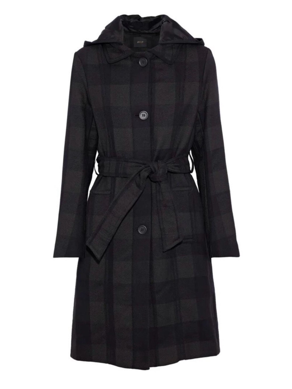 Maje Gobani Black Gray Checked Plaid Twill
Hooded Button Tie Waist Coat Size 36